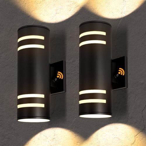 Tesjaso Modern Outdoor Wall Sconce with Dusk to Dawn Sensor, Up Down Exterior Light Fixture, Waterproof Outdoor Light Fixtures Wall Mount for Porch, Garage, Patio - E26 Base, Black Aluminum - Image 1
