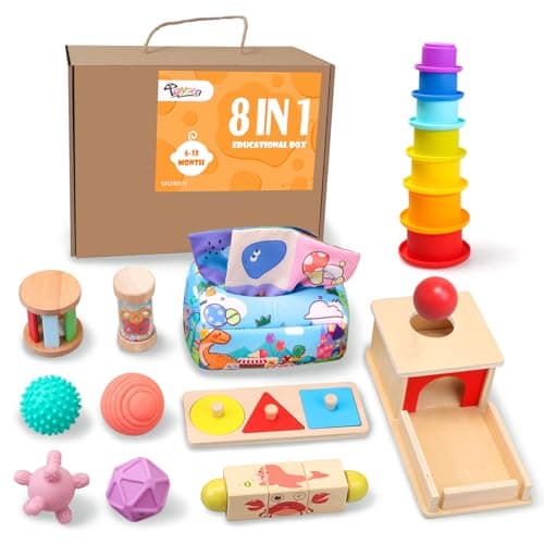 Montessori Toys for Babies 6-12 Months,1 Year Old,8 in 1 Baby Sensory Toy for 12-18 Months Toddler,Wooden Educational Development Toys with Soft Stacking Cup&Sensory Ball&Tissue Box - Image 1
