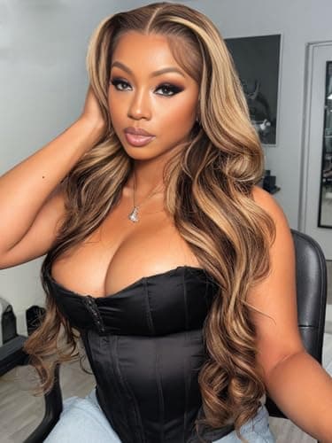 Barbique 26 Inch Highlight Synthetic Lace Front Wig for Black Women, 13x6 HDLace Pre Plucked with Baby Hair, Long Wavy Heat Resistant Hair, Natural LookGlueless Wig Suitable for Daily Party Wear - Image 1