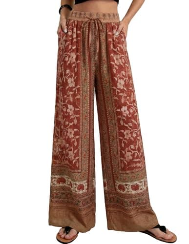 GRACE KARIN Womens Casual Wide Leg Pants, 2026 Summer Palazzo Boho Vacation Pants, High Waist Drawstring Trousers with Pockets Red M - Image 1