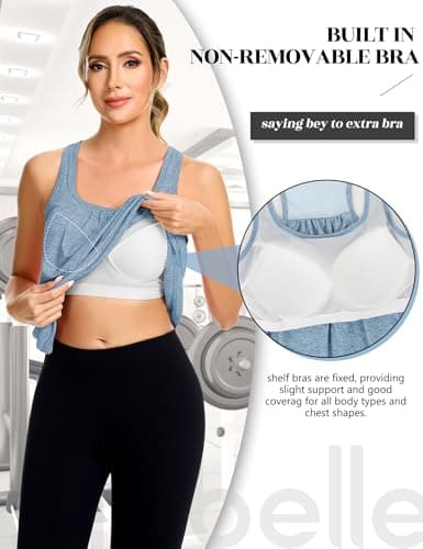 SLIMBELLE Mesh Racer Back Tank Tops Womens Gym Yoga Athletic Workout Tops Round Neck Sleeveless Loose Fit Cami with Built in Bra Light Blue S - Thumbnail 4
