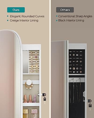 SONGMICS Jewelry Organizer, LED Jewelry Cabinet Wall/Door Mounted, Lockable Rounded Wide Mirror with Storage, Interior Mirror, 3.9 x 16.5 x 42.5 Inches, White Surface with Greige Lining - Thumbnail 3