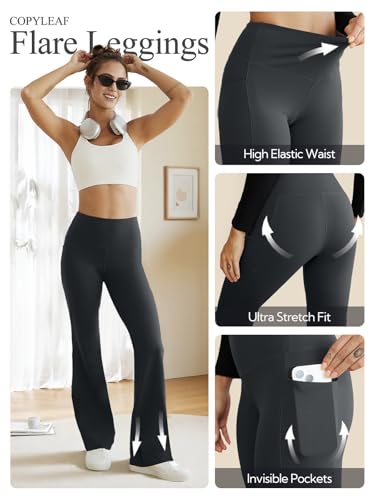 COPYLEAF Flare Leggings for Women High Waist Yoga Pants with Pockets Tummy Control Workout Gym Bootcut Leggings(Dark Grey M) - Thumbnail 5