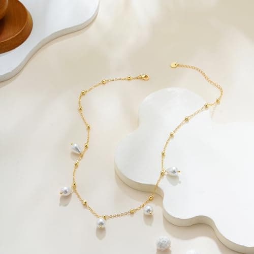 Decholly Gold Pearl Necklaces for Women Trendy, 14K Gold Plated Dainty Necklace Simple Pearl Necklace Women's Jewelry Friend Birthday Wedding Jewelry Gifts for Women - Thumbnail 5