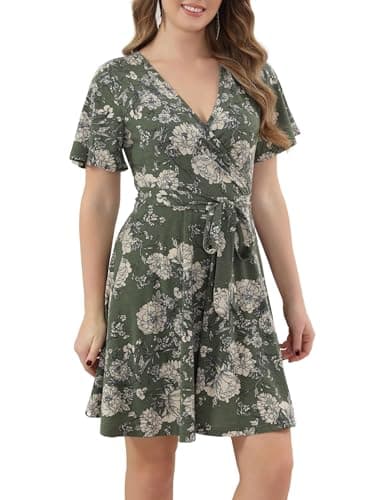 Aphratti Women's Spring Summer Floral Faux Wrap Dress V Neck Short Sleeve High Waist Fit and Flare Casual Swing A Line Sundress Green Floral Medium - Image 1