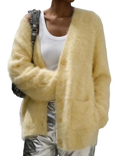 Women's Fuzzy Cardigan V Neck Long Sleeve Button Down Slouchy Furry Sweaters Chunky Knit Mohair Sweater Coat(Yellow-M) - Image 1