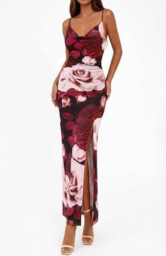 BTFBM Summer Dresses for Women 2026 Bodycon Spaghetti Strap Floral High Split Maxi Cocktail Wedding Guest Dress(Floral Black Apricot,X-Small) - Thumbnail 2