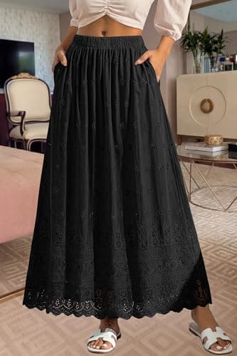 dowerme Women Summer Maxi Skirt Cute Elastic High Waist Boho Eyelet A-Line Cotton Flwoy Long Skirts Spring Clothes 2026(Black,X-Large) - Thumbnail 5