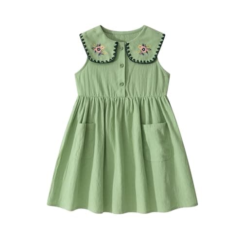 Little Bitty Girls Cotton Embroidered Peter Pan Collar Sleeveless Summer Party Birthday Sunshine A Line Dress Green 4T - Thumbnail 4