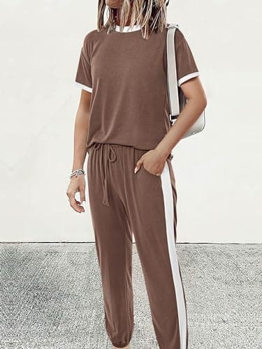 MASCOMODA Two Piece Sets for Women Summer 2025 Loungewear Jogger Set Spring Short Sleeve Tops Long Pants Casual Tracksuit Set(Khaki,Large) - Thumbnail 2