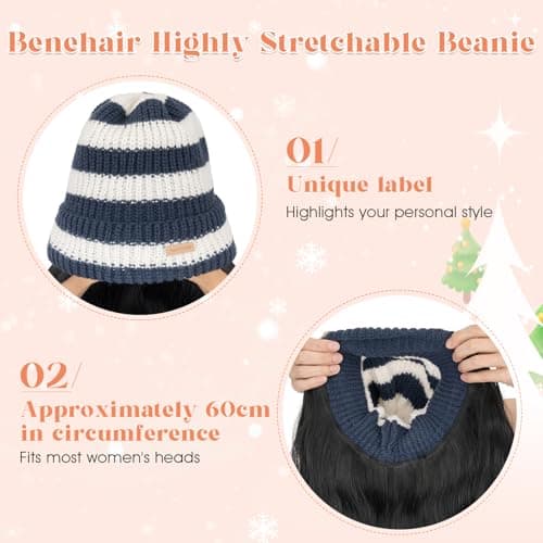 Benehair Beanie Wig Hair Extensions, Knitted Hats with Synthetic Water Wave Wig Hairpieces for Women Winter, 18 Inch Long Wavy Jet Black Hair with Blue & White Stripe Beanie - Thumbnail 5