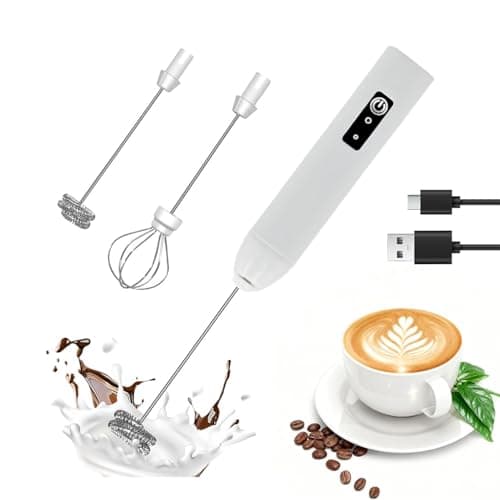 Milk Frother Handheld Rechargeable Electric Frother Wand Coffee Foam Maker with 2 Stainless Stee Whisks & 3 Speeds,Drink Mixer Handheld for for Latte, Cappuccino, Hot Chocolate, Matcha, Egg (White)