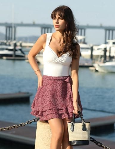 Belle Poque Women's Flowy Ruffle Mini Skirt with Shorts Underneath Elastic Waist Boho Skirt Floral Mini Skirt Summer Trendy 2026 Red Leopard Print XXL - Thumbnail 4