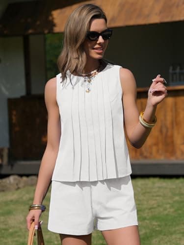 EXLURA Linen Sets for Women 2 Piece Sleeveless Pleated Babydoll Tops Casual Matching Short Set Summer Beach Vacation Outfits - Thumbnail 4