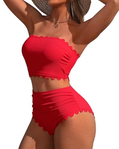 Charmo Tummy Control Bikini for Women High Rise Ribbed Bandeau Two Piece Swimsuit Modest Bikinis Bathing Suits Red XL - Image 1