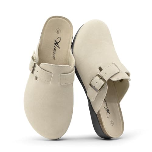 Athlefit Womens Casual Clogs Soft Cork Footbed Mules for Women with Arch Support Adjustable Buckle Slip On Shoes for Home Wear Travel Work Teachers Beige 7.5 - Image 1