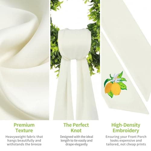 Ezyec Summer Lemon Wreath Sash for Front Door (59" Long) - High-Density White Satin Ribbon with Embroidered Citrus Design - Vibrant Yellow Decor for Boxwood Wreaths, Weather-Resistant & Washable - Thumbnail 5