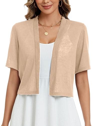 Heymoments Women's Thin Shrugs for Dresses Khaki Medium Open Front Short Sleeve Lightweight Coat Cropped Tops Shawls and Wraps Cardigan Dressy Clothes - Image 1