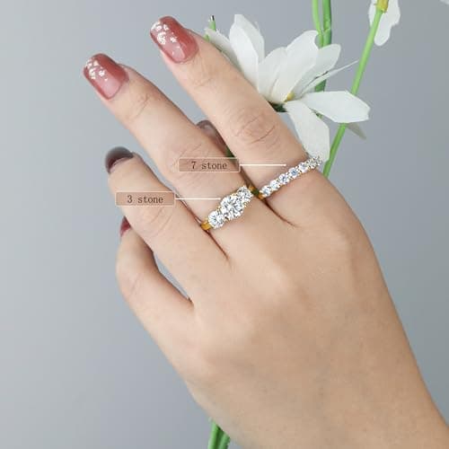 SILVERNANA 0.7ct 7-Stone Moissanite Wedding Band for Women Yellow Gold Plated Sterling Silver Half Eternity Stackable Ring, Promise Band for Her Size 6.5 - Thumbnail 5