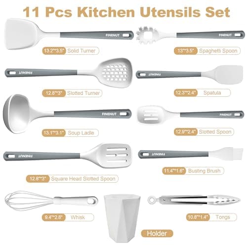 FINENUT Silicone Cooking Utensils Set 11PCS-BPA-Free-446°F Heat Resistant,Kitchen Tools for Nonstick Cookware,Heat Resistant&Scratch-Proof Includes Spatula/Turner/Spoon Dishwasher Safe(White And Gray) - Thumbnail 3