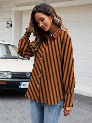 Bellcoco Women's Striped Button Down Shirts Dress Shirts Smocked Puff Sleeve Casual Collared Office Work Shirt with Pocket L - Thumbnail 3