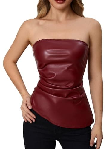 MakeMeChic Women's Leather Corset Tops Strapless Tube Asymmetrical Ruched Backless Crop Going Out Tops Burgundy Small - Image 1