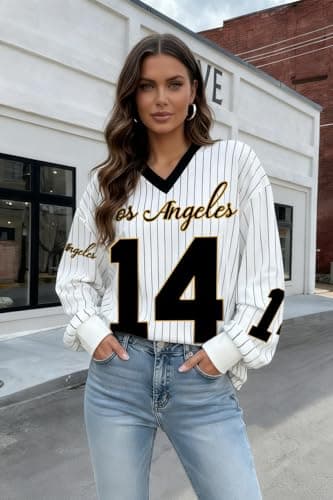 Jersey Shirts for Women Oversized Jersey Sweatshirts V Neck Striped Long Sleeve Casual Y2k Baggy Streetwear Tee Tops White-Black - Thumbnail 3