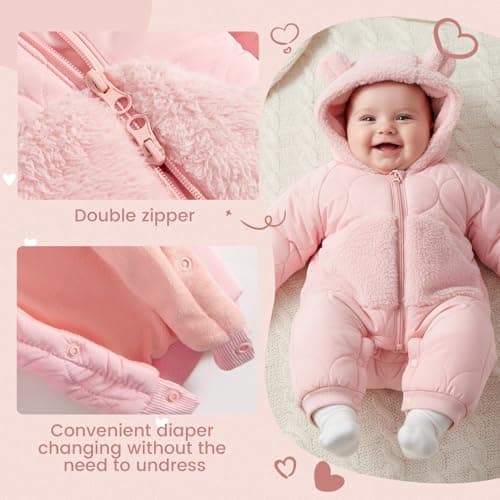 JiAmy Baby Snowsuit Winter Romper Hooded Boys Girls Jumpsuit Bear Thick Windproof Cap Infant Winter Clothes 12-18 Months Pink - Thumbnail 3