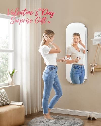 SONGMICS Jewelry Organizer, LED Jewelry Cabinet Wall/Door Mounted, Lockable Rounded Wide Mirror with Storage, Interior Mirror, 3.9 x 16.5 x 42.5 Inches, White Surface with Greige Lining - Thumbnail 2