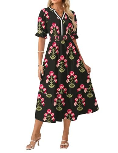 GRACE KARIN Womens Summer Floral Maxi Dress 2026 Casual Ruffle Short Sleeve Boho Dress A Line Flowy Dresses with Pockets Black Red Flower 2XL - Image 1