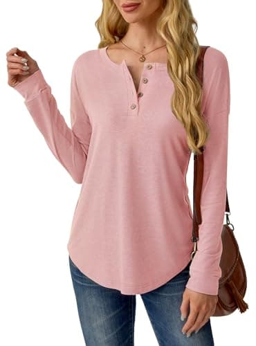 GKBK Womens Henley Tops Long Sleeve Shirts Button Pullover Loose Fit Henley Neck Lightweight Tunic Blouse Pink M - Thumbnail 4