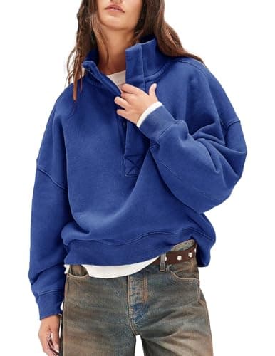 Fenclushy Sweatshirt for Women Long Sleeve 1/4 Button Mock Neck Pullover Tops Casual Outfits Tops(DarkBlue,L) - Image 1