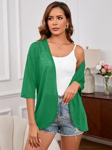 Heymoments Cardigan for Women Green Large Draped 3/4 Sleeve Open Front Lightweight Casual Soft Drape Summer Fall Kimonos Cardigans - Thumbnail 4