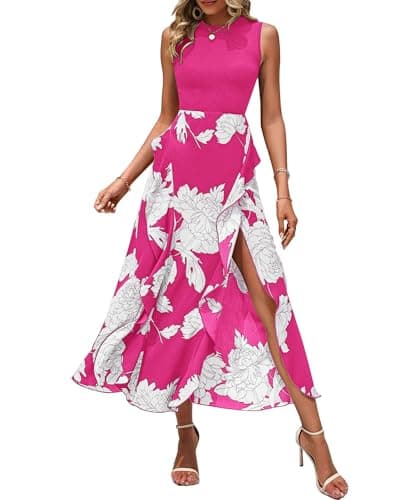 BTFBM Women Casual Sleeveless Summer Dresses 2026 Spring Crewneck Patchwork Boho Floral Ruffle Cocktail Party Midi Dress(Big Floral White Rose Red, Small) - Image 1