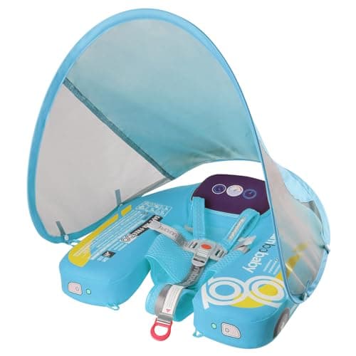 Mambobaby Baby Pool Float with Canopy, Kalolary Non-Inflatable Baby Swim Float Infant Swim Trainer Ring Toddler Pool Float with Adjustable Strap & Tile for 3-24 Months Age Boys Girls (Blue Car) - Image 1