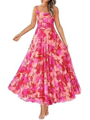 BTFBM Women Summer Floral Maxi Dresses Elegant Spaghetti Strap Dress Printed Party Dress Beach Long Dresses(Floral Rose Red,Medium) - Image 1