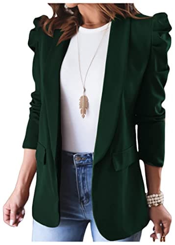 KIRUNDO Women's 2026 Spring Fall Casual Blazers Puff Sleeve Lapel Open Front Work Suit Office Blazer Jackets with Pockets(Dark Green, Medium) - Image 1