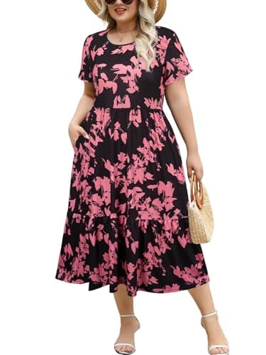 Younrui Plus Size Casual Midi Dress for Curvy Women 2026 Spring Easter Short Sleeve Crewneck Dresses with Pockets(1XL-1033-BK_PK) - Image 1