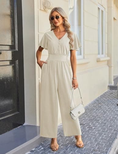 LOOKBOHO Jumpsuits for Women Dressy Casual Ruffle Short Sleeve Button V Neck 2026 Wide Leg Romper One Piece Outfits - Thumbnail 2