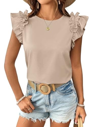 T Shirts for Women Summer Trendy Ruffle Short Sleeve Dressy Shirts 2026 Casual Cute Crew Neck T-Shirts Flutter Tee Tops Loose Fit Blouses Khaki L - Image 1