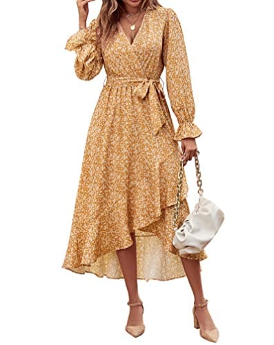 BTFBM Womens Dresses Spring Clothes 2026 V Neck Floral High Waist Ruffle Wedding Guest Cocktail Boho Long Sleeve Dress(White Floral Yellow, Medium) - Image 1