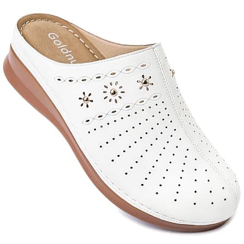 Goldnut Closed Toe Clogs for Women Slip-On Mules: Comfortable Women's White Mule & Clog with Carved Floral Design US Size 11 - Image 1