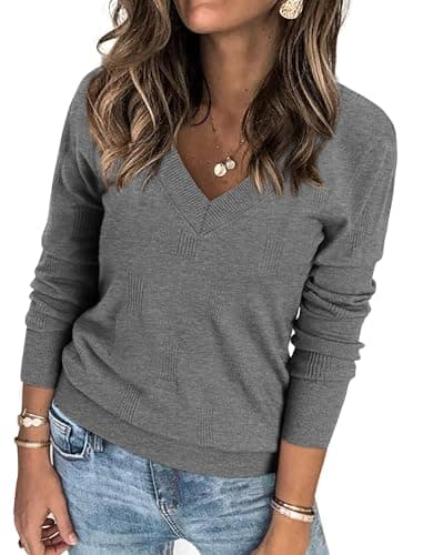 ATHMILE Women's Fall Tops 2026 Fashion Trendy Pullover Sweater V Neck Long Sleeve Shirt Knit Blouse Clothes Outfits Grey - Image 1