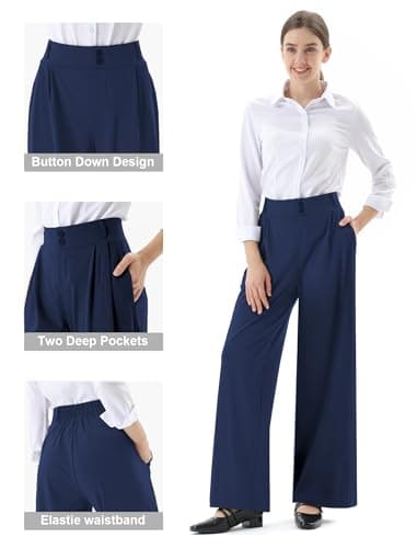 JOYCATCH Womens Wide Straight Leg Work Pants Casual Slacks Business Office Trousers Button Dress Pants Navy - Thumbnail 4