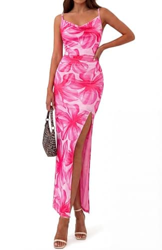 BTFBM Summer Dresses for Women 2026 Bodycon Spaghetti Strap Floral High Split Maxi Cocktail Wedding Guest Dress(Floral Pink,Small) - Thumbnail 4