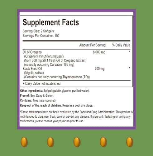 RIOWEGO Oil of Oregano Softgels with Black Seed Oil, 6000mg High Potency Oregano Oil Capsules for Immune Support, Gut Function Support, Carvacrol & Thymoquinone, Non-GMO, Gluten Free,180 Softgels - Thumbnail 2