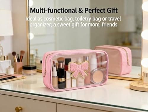 DegoCython Pink Bow Transparent Cosmetic Bag for Women & Girls - Waterproof PVC Makeup Pouch with Smooth Rose Gold Metal Zipper, Cute Coquette Style Travel Organizer, Ideal Birthday Gift - Thumbnail 2