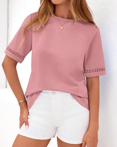 BTFBM Womens Summer Tops Lace Short Sleeve Shirts 2026 Spring Casual Loose Crew Neck Cotton Knit Cute Business Blouses(Pink, Large) - Thumbnail 6