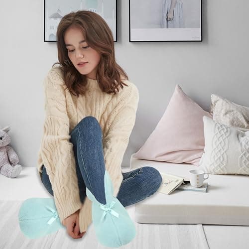 Forfoot Slipper Boots, Fluffy Boot Slippers for Women Coral Fleece Fabric Indoor House Slip On Winter Bootie Slippers Light Blue Office Shoes Size 9.5 - Thumbnail 2