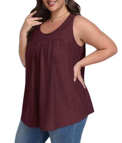 Lastshe Women Plus Size Sleeveless Shirt Versatile Styling Blouses Long Tank Tops to Hide Belly, Burgundy,1X - Image 1